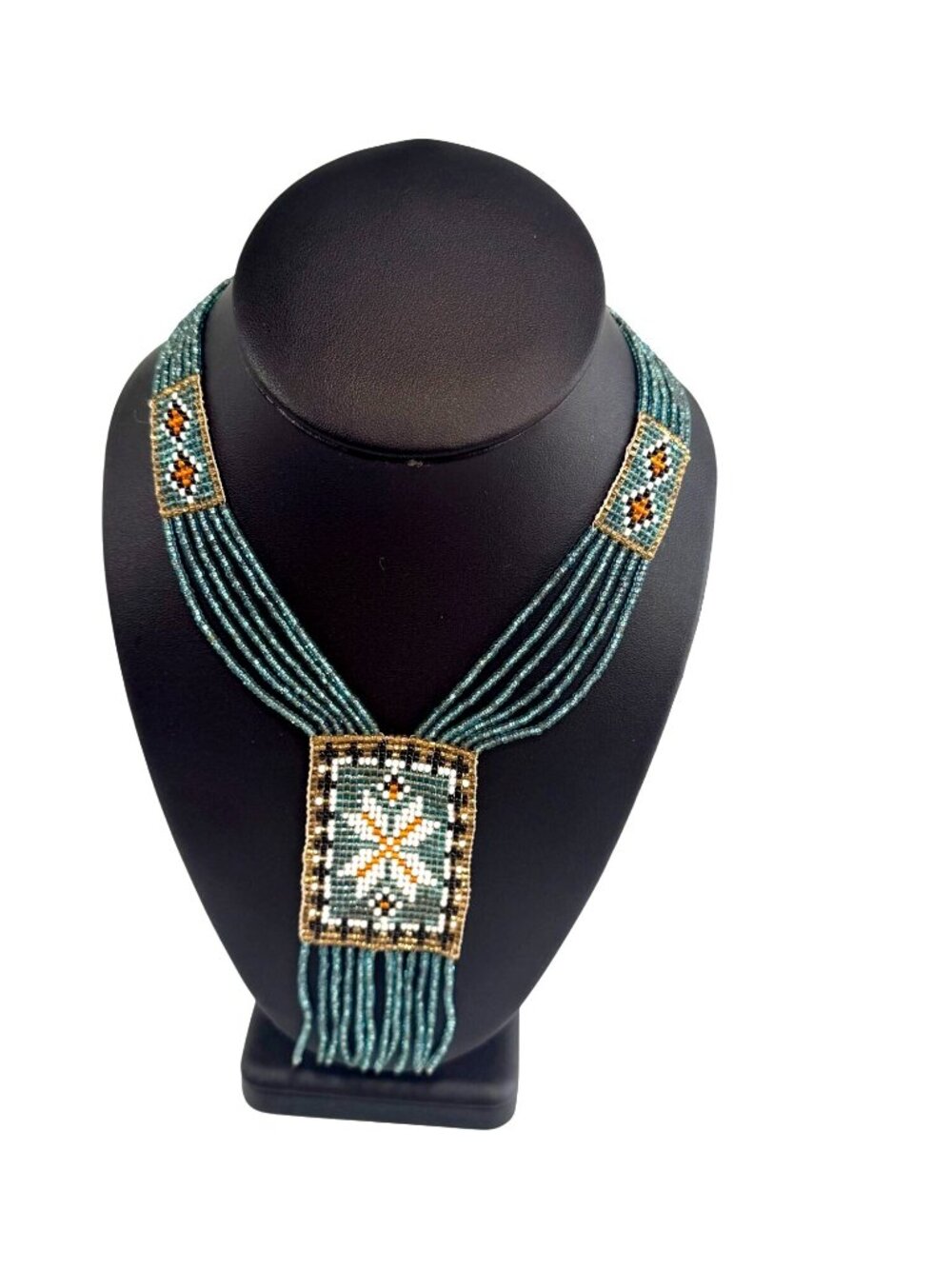 Vintage HandMade Multi Strand Seed Beaded Necklace Geometric Tribal Aqua